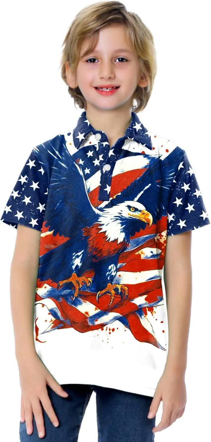 AOBUTE Kids Fourth of July Polo Shirt American Flag Golf Tee Shirts Short Sleeve Patriotic Outfits 3-14 Years