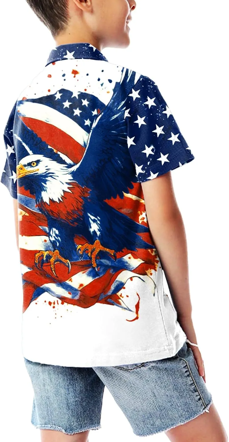 AOBUTE Kids Fourth of July Polo Shirt American Flag Golf Tee Shirts Short Sleeve Patriotic Outfits 3-14 Years