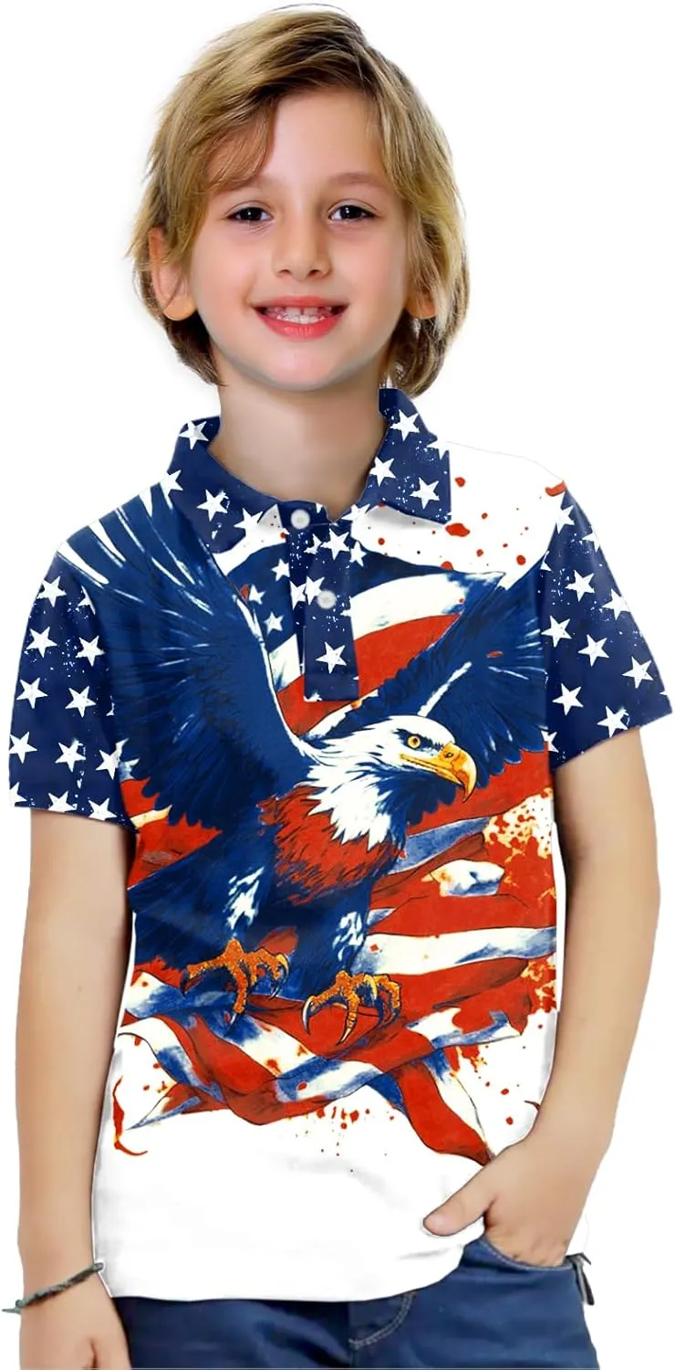 AOBUTE Kids Fourth of July Polo Shirt American Flag Golf Tee Shirts Short Sleeve Patriotic Outfits 3-14 Years