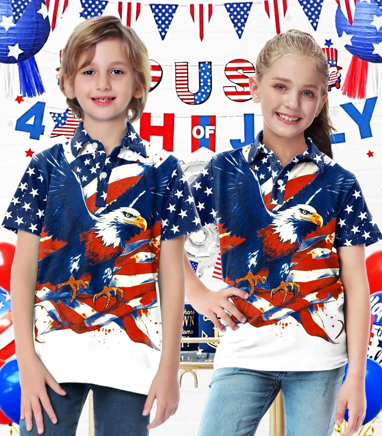 AOBUTE Kids Fourth of July Polo Shirt American Flag Golf Tee Shirts Short Sleeve Patriotic Outfits 3-14 Years