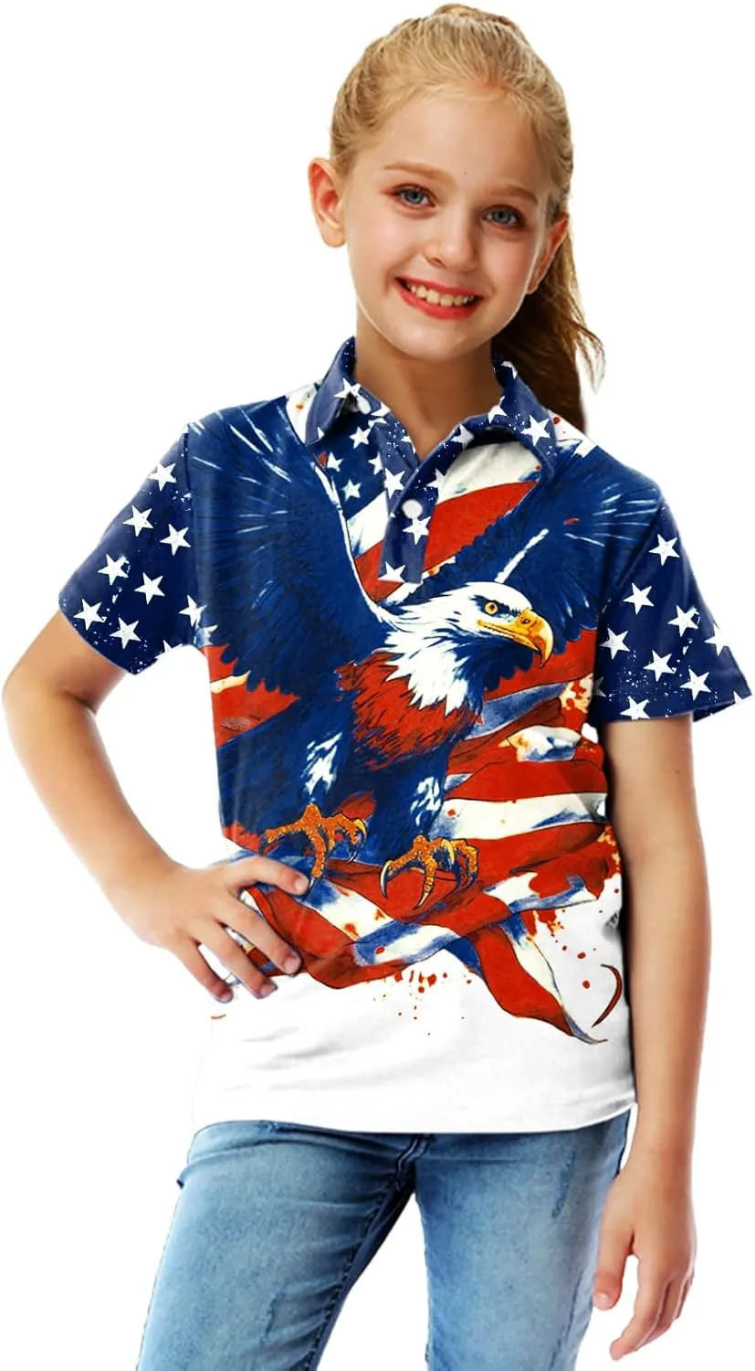 AOBUTE Kids Fourth of July Polo Shirt American Flag Golf Tee Shirts Short Sleeve Patriotic Outfits 3-14 Years