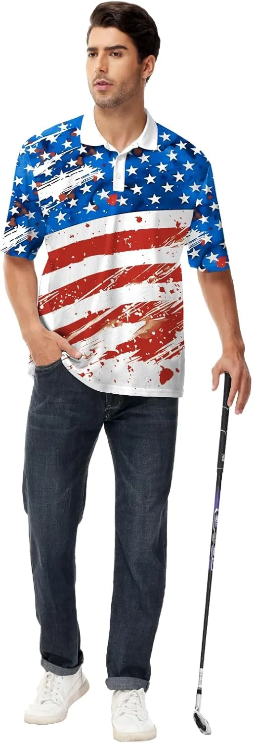 AOBUTE Mens Patriotic Polo July 4th Golf Shirts American Flag Activewear Tops