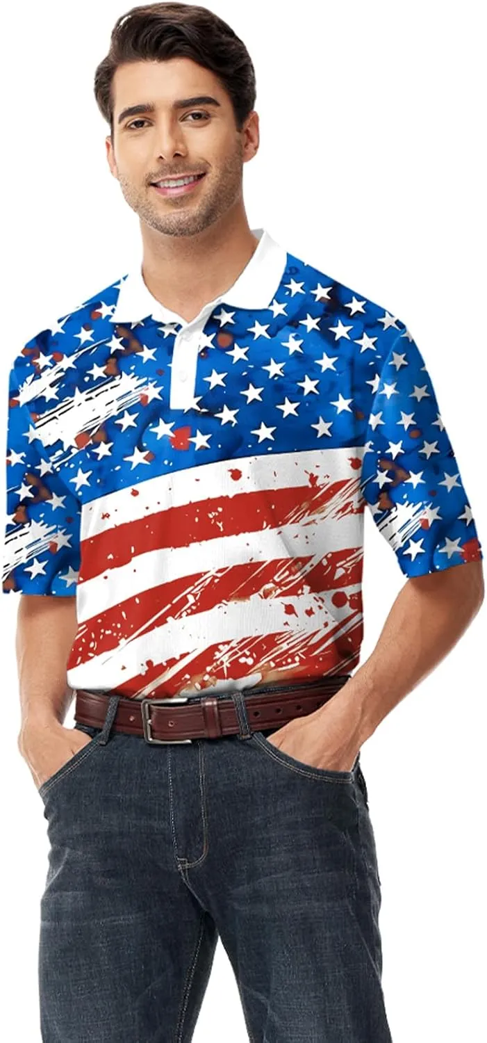 AOBUTE Mens Patriotic Polo July 4th Golf Shirts American Flag Activewear Tops