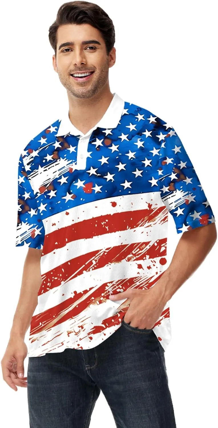 AOBUTE Mens Patriotic Polo July 4th Golf Shirts American Flag Activewear Tops