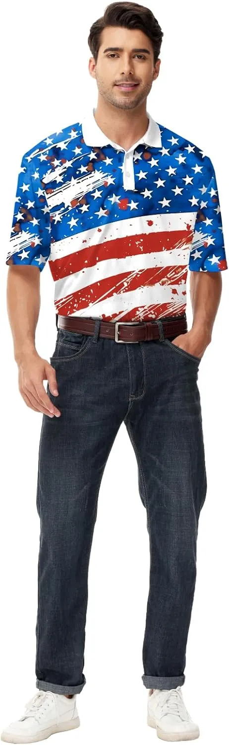 AOBUTE Mens Patriotic Polo July 4th Golf Shirts American Flag Activewear Tops