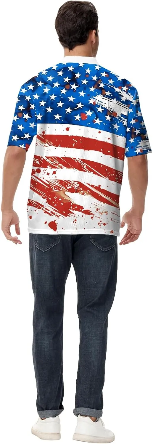 AOBUTE Mens Patriotic Polo July 4th Golf Shirts American Flag Activewear Tops