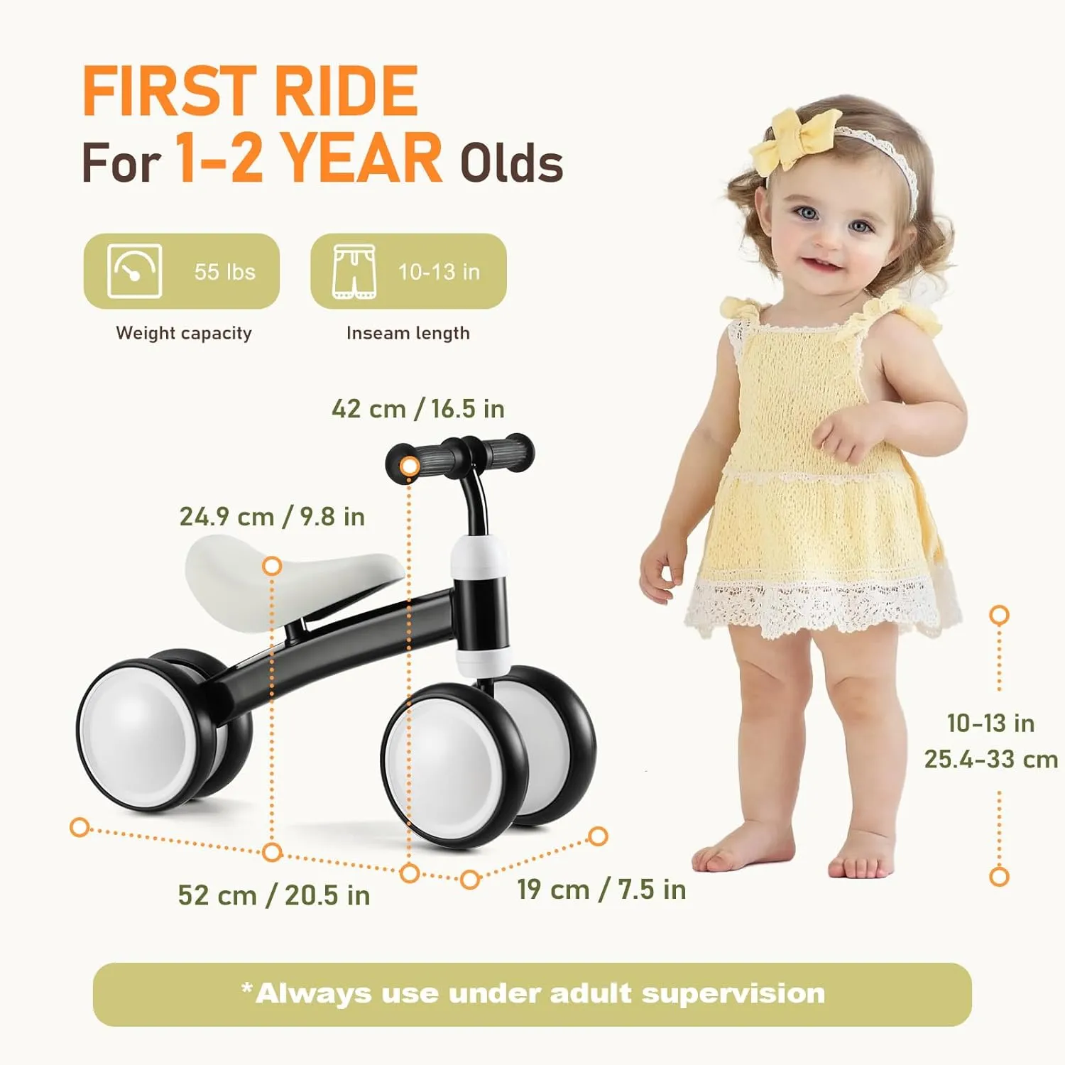 Baby Balance Bike for 1 Year Old Boys Girls, First Birthday Gift, 12-24 Months Toddler Bike, Toddler Balance Bike with 4 Silent Wheels, 1 Year Old Toys, Ride-on Toys, Children Walker No Pedal, Black