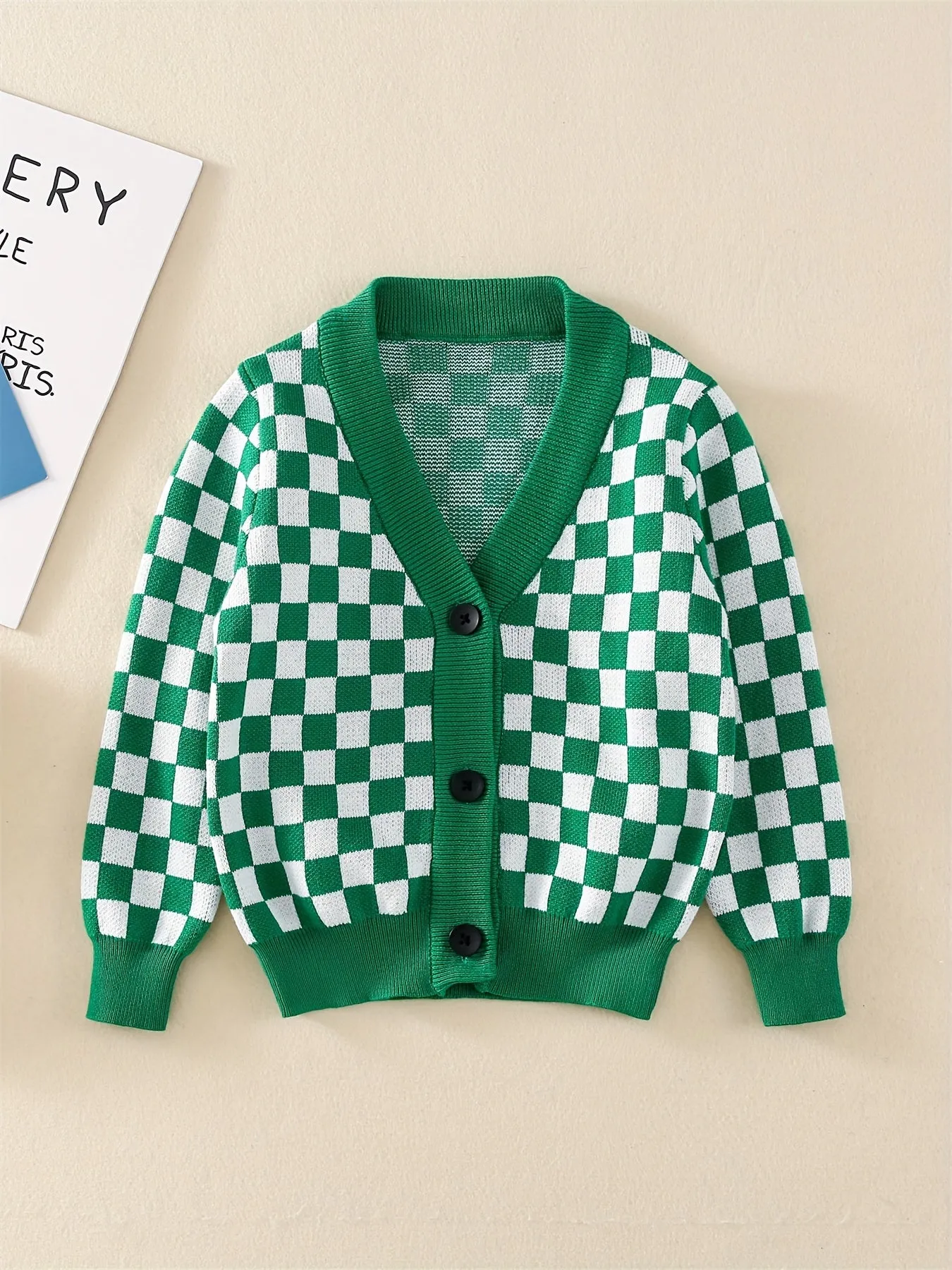 Baby's Checkerboard Pattern Cotton Knitted Cardigan, Casual Button Down V-neck Sweater, Toddler & Infant Boy's Clothing