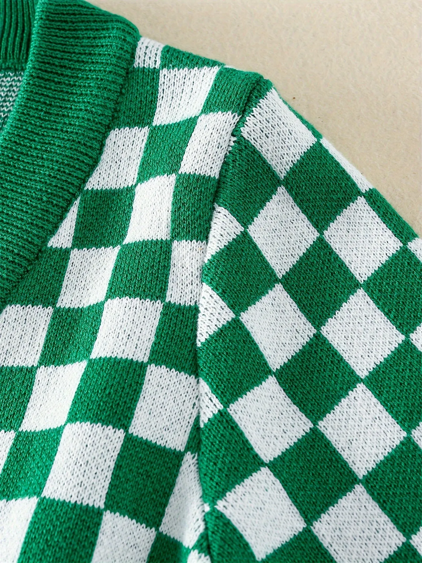 Baby's Checkerboard Pattern Cotton Knitted Cardigan, Casual Button Down V-neck Sweater, Toddler & Infant Boy's Clothing