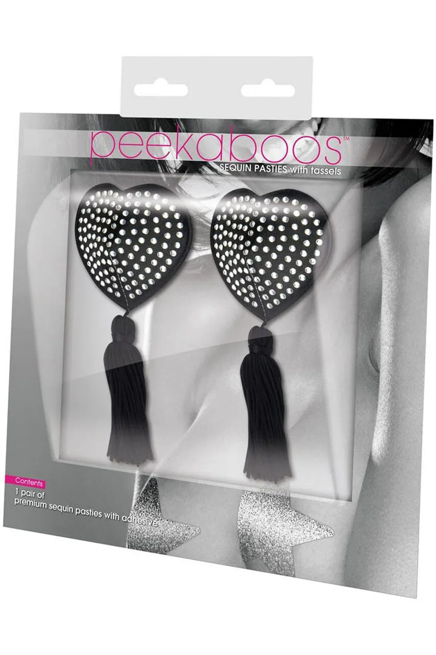 Black Satin Heart/White Stones & Tassel Nipple Pasties