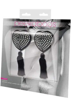 Black Satin Heart/White Stones & Tassel Nipple Pasties