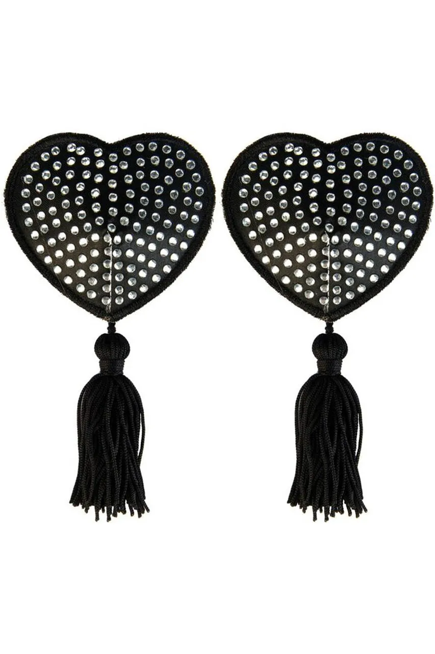 Black Satin Heart/White Stones & Tassel Nipple Pasties