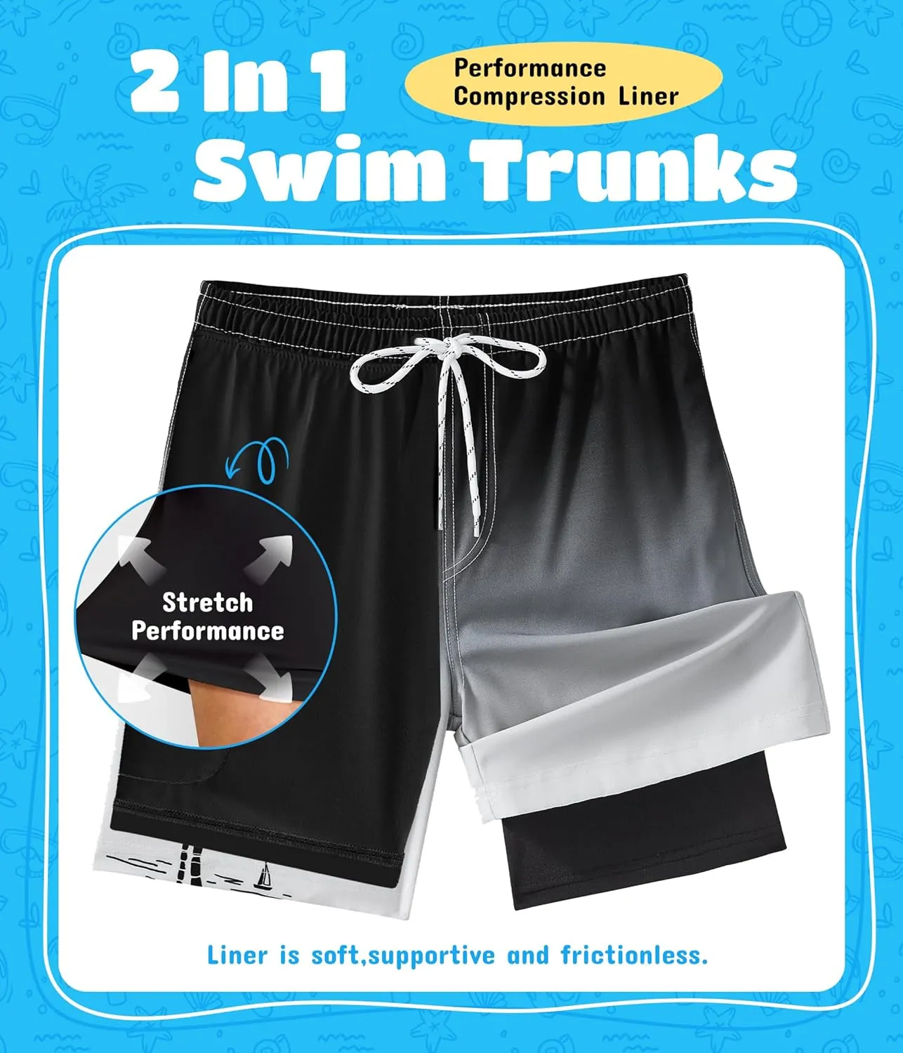 Boys Swim Trunks with Compression Liner Boys Quick Dry 2 in 1 Swim Shorts Summer Beach Shorts