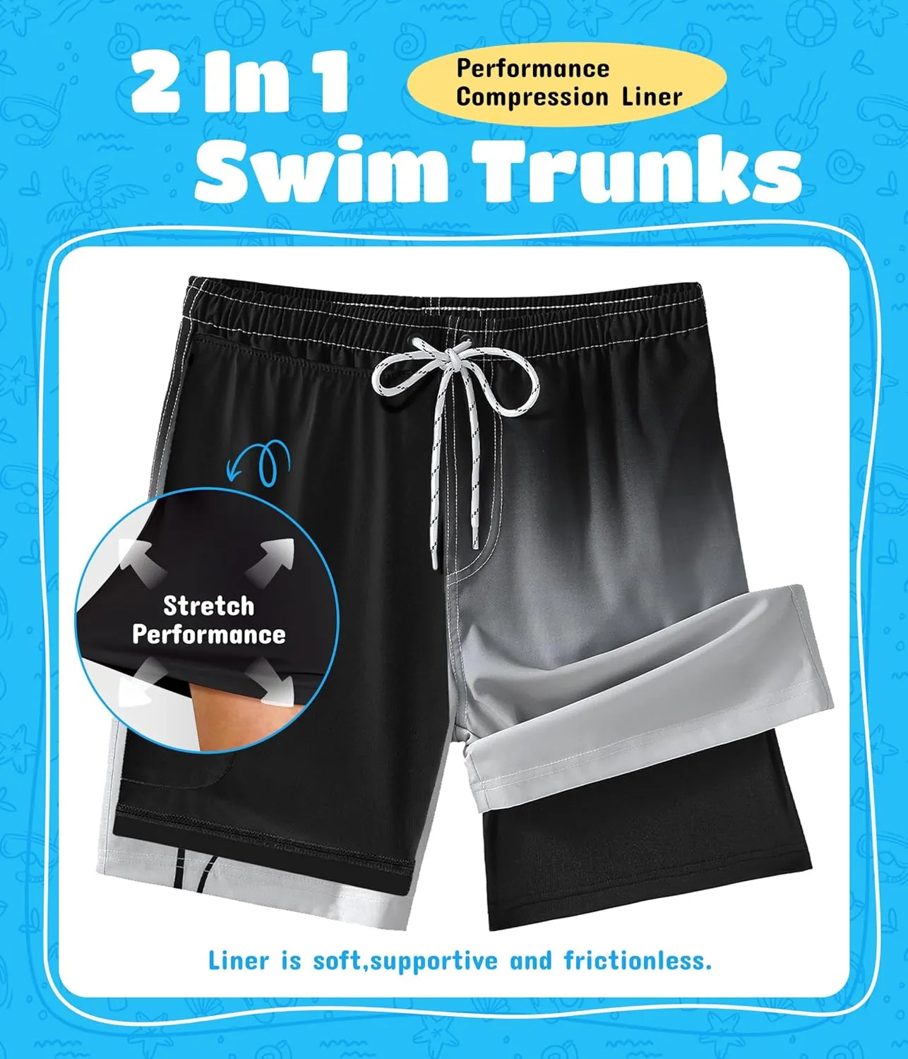 Boys Swim Trunks with Compression Liner Boys Quick Dry 2 in 1 Swim Shorts Summer Beach Shorts