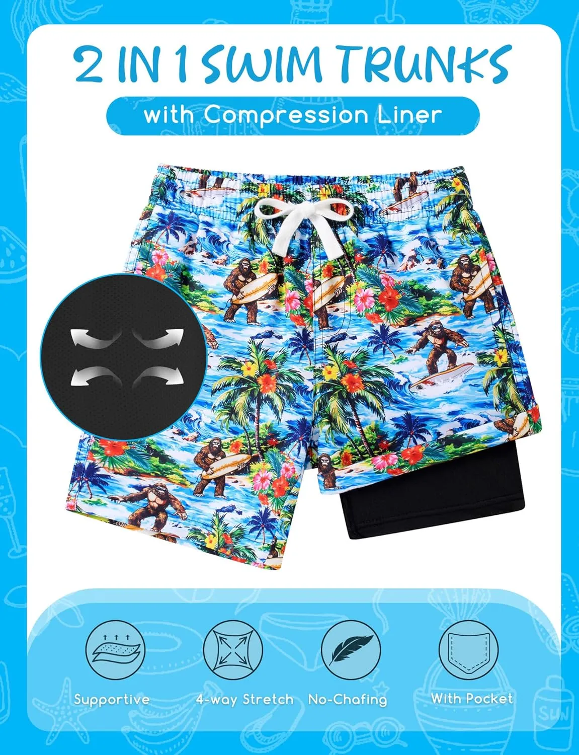 Boys Swim Trunks with Compression Liner for 6-20 Years Kids Quick Dry Bathing Suit