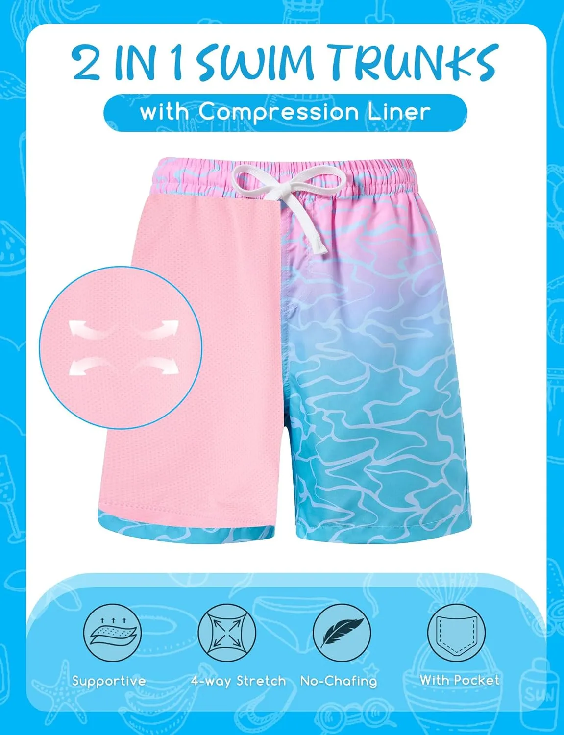 Boys Swim Trunks with Compression Liner for 6-20 Years Kids Quick Dry Bathing Suit