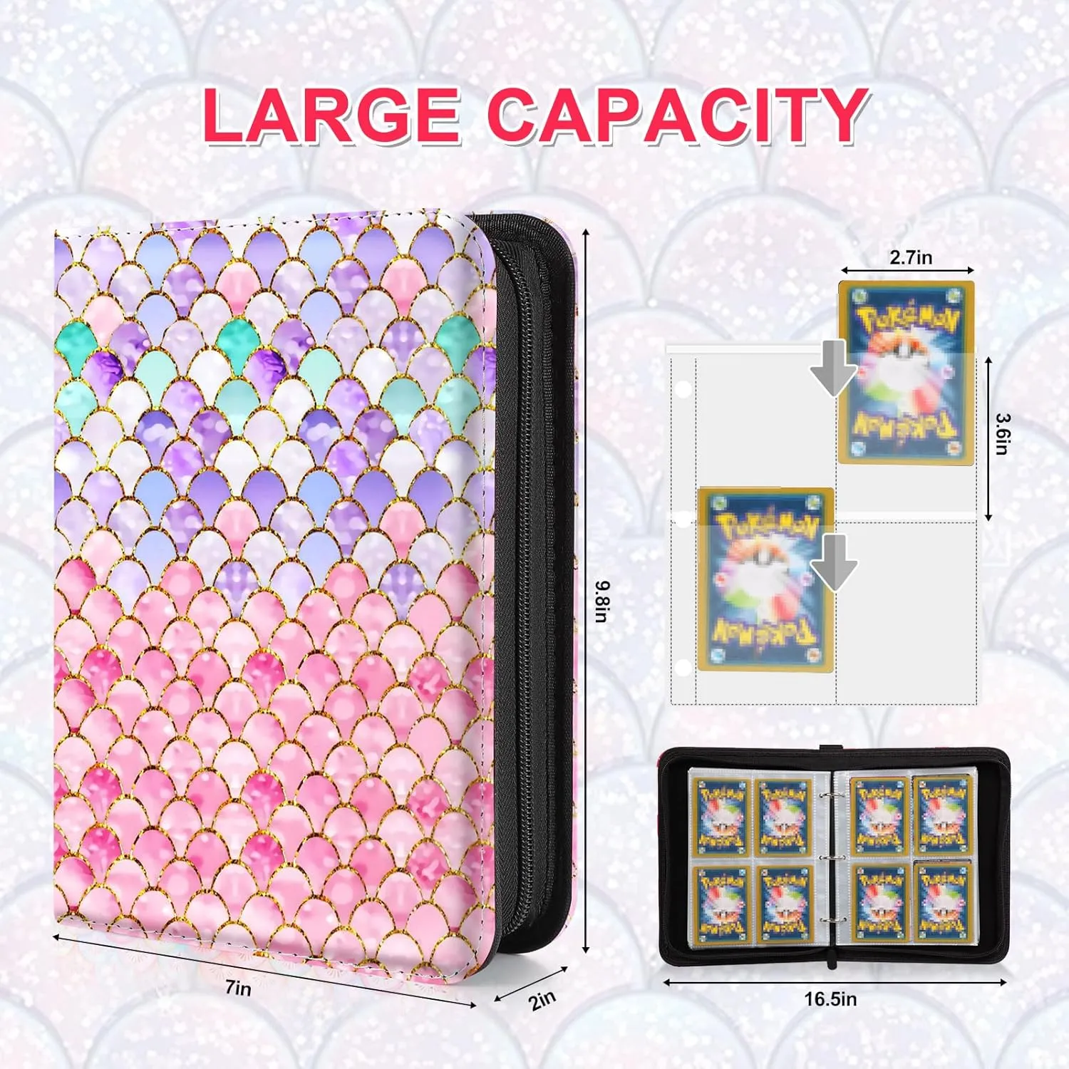 Card Binder for Girls Gifts,440 Cards Collectible Trading Card Holder Case with 55 Sleeves, 4 Pocket for TCG Game Cards Collection Sports Trading Cards Collector Album (Fish scales)