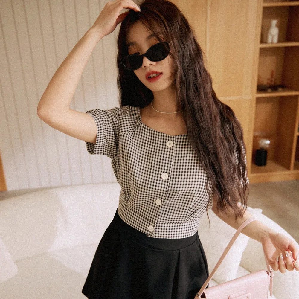 Casual Plaid Gingham Cropped Button Blouse Top