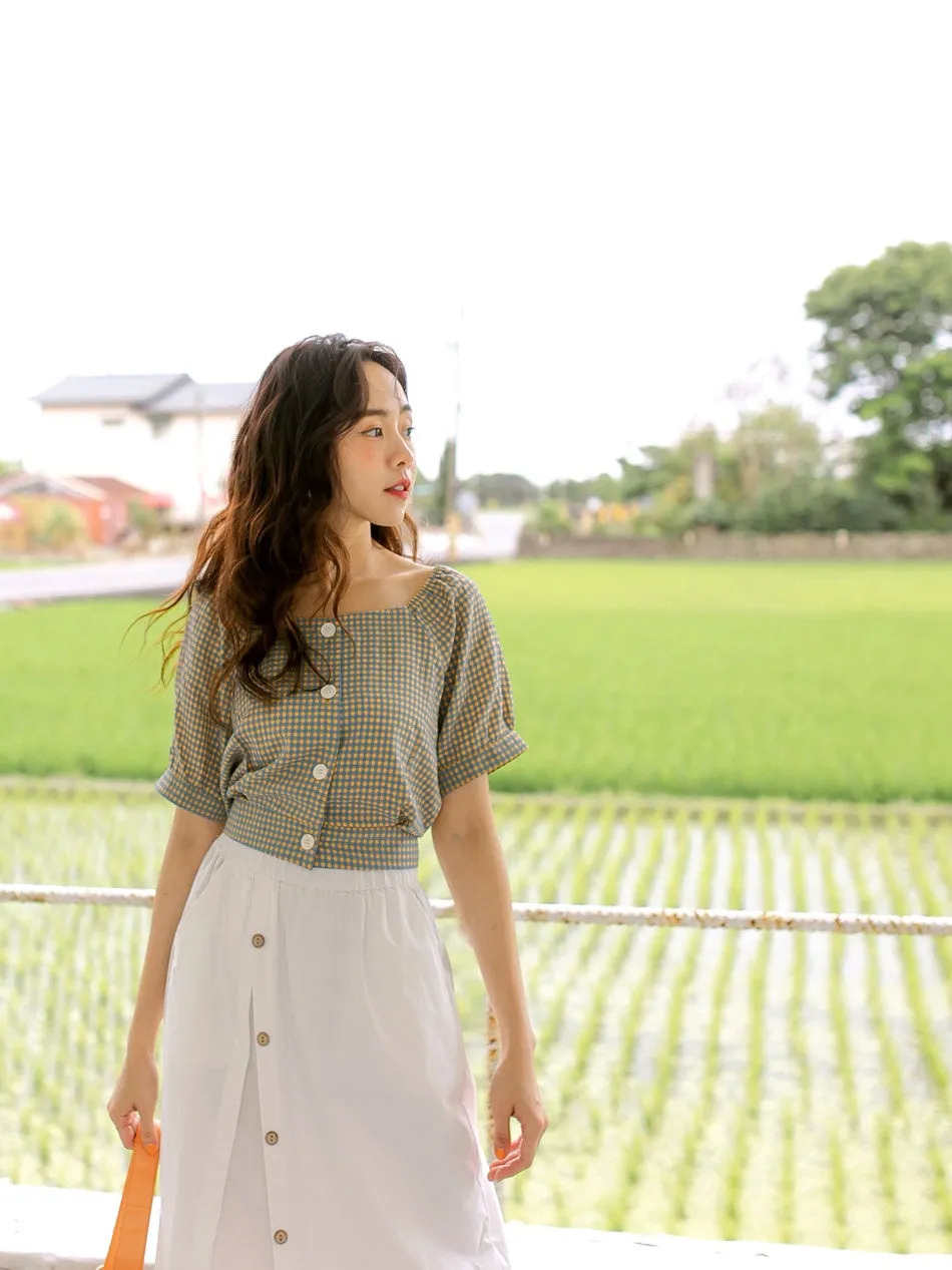 Casual Plaid Gingham Cropped Button Blouse Top