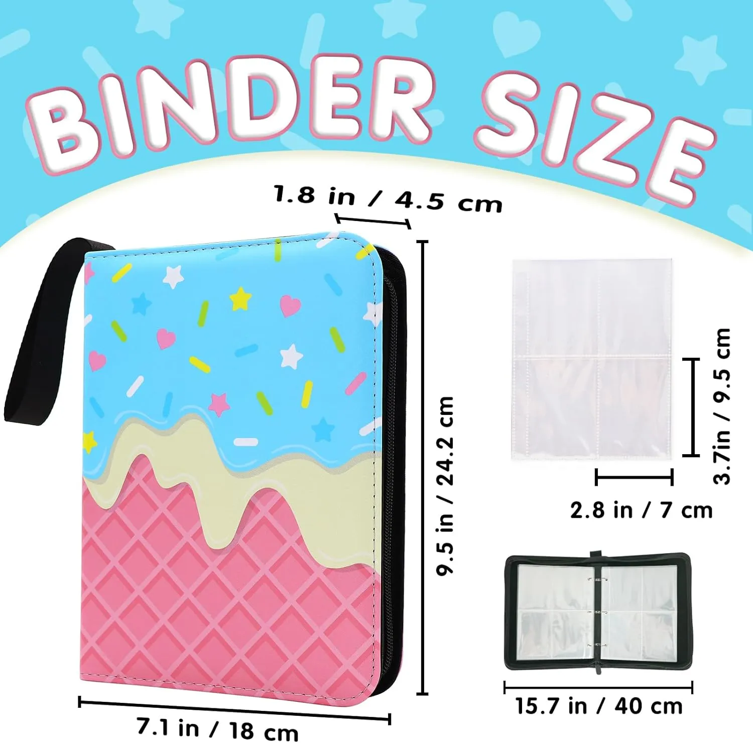 Cute Ice Cream Cake Card Binder for Girls, 400 Pocket Card Album Gifts, Ice Cream Donut Trading Game Card Holder Album for Standard Size Cards, Collectible Game Collection Case (Blue)