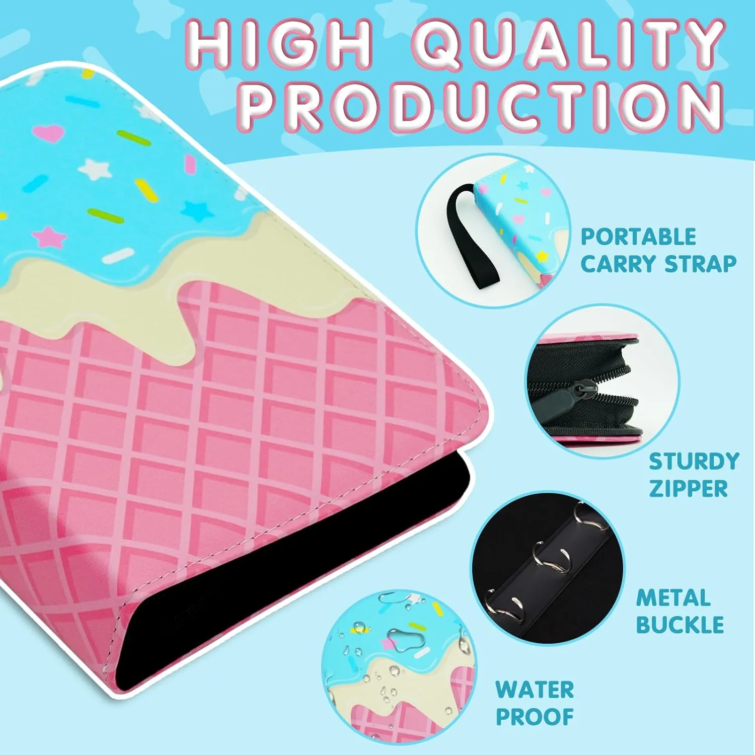 Cute Ice Cream Cake Card Binder for Girls, 400 Pocket Card Album Gifts, Ice Cream Donut Trading Game Card Holder Album for Standard Size Cards, Collectible Game Collection Case (Blue)
