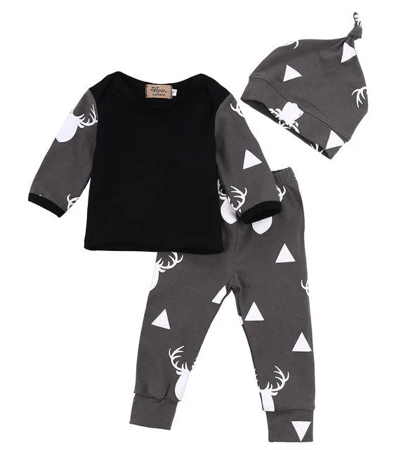 Cute Infant Baby Girl Boy Clothes Deer Tops T-shirt Pants Leggings Hat 3pcs Outfits Kids Clothing Set 0-24M