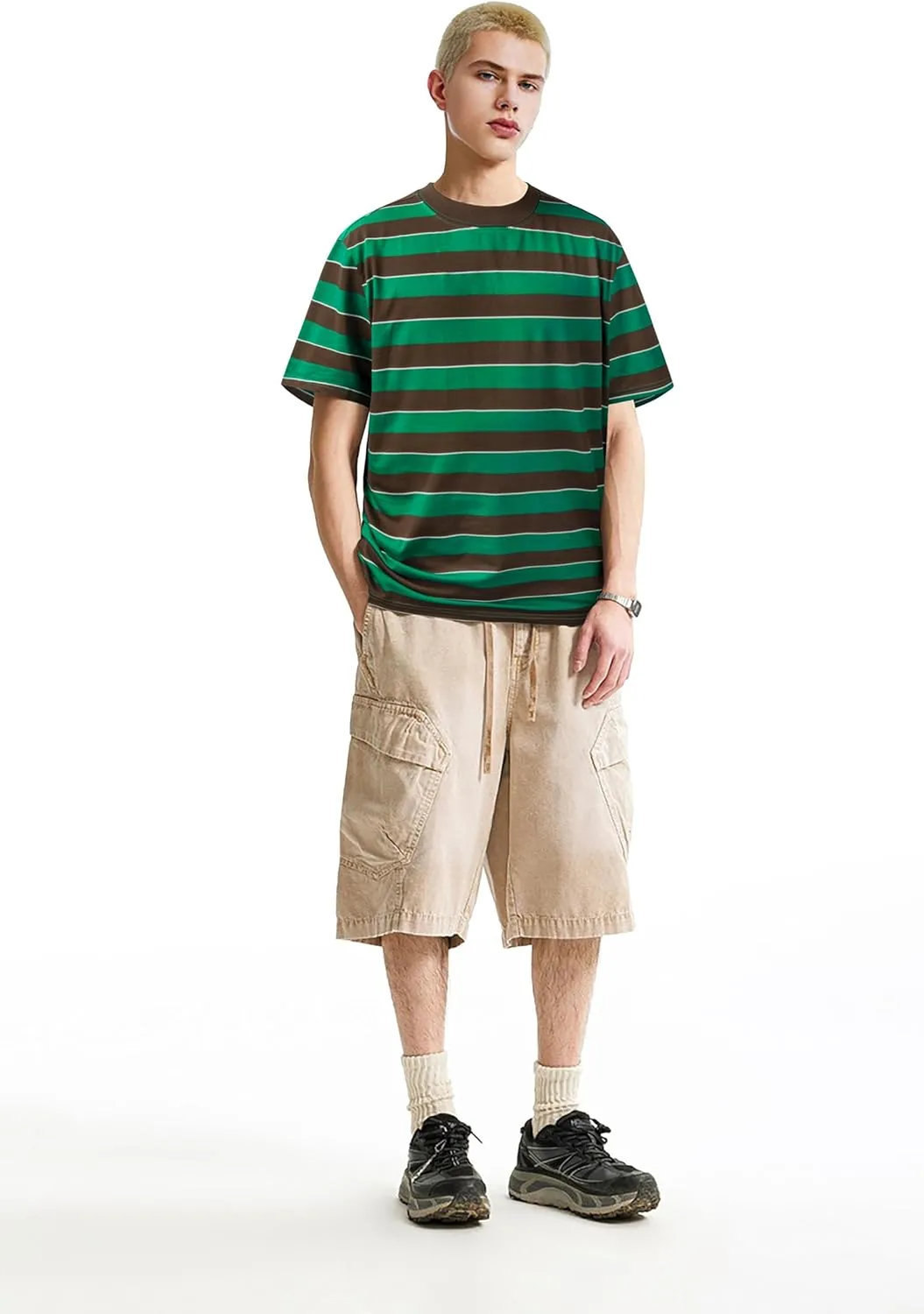 Derminpro Men's Stripe Polo Shirts Short Sleeve Loose Fit Collared T-Shirts