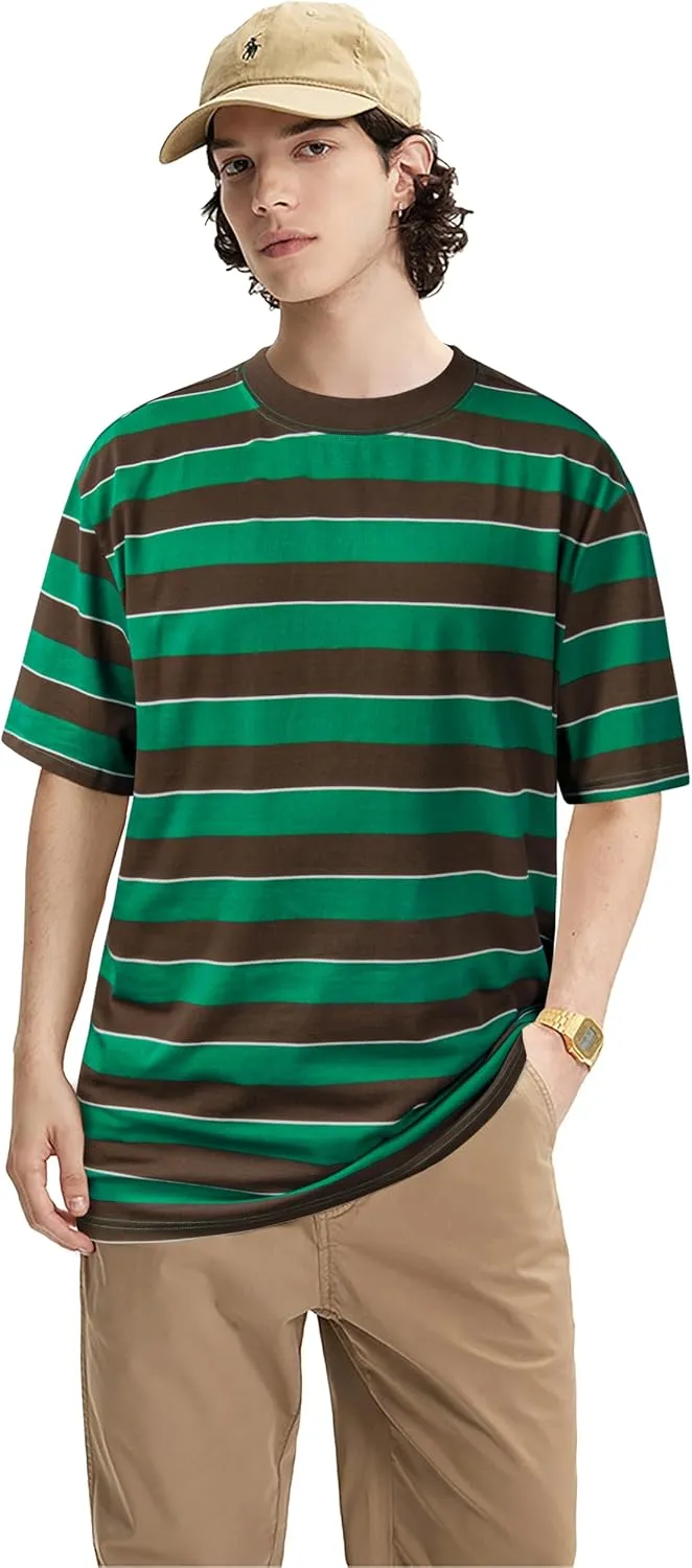 Derminpro Men's Stripe Polo Shirts Short Sleeve Loose Fit Collared T-Shirts