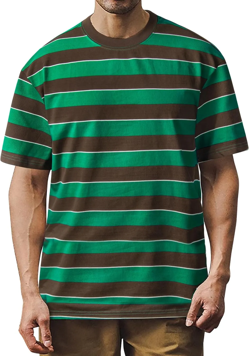 Derminpro Men's Stripe Polo Shirts Short Sleeve Loose Fit Collared T-Shirts