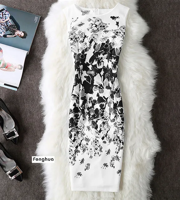 Fenghua Summer Dress Women 2017 Party Elegant Sexy Slim Casual Dresses Floral Vintage Office Bodycon Dress Plus Size 3XL 4XL
