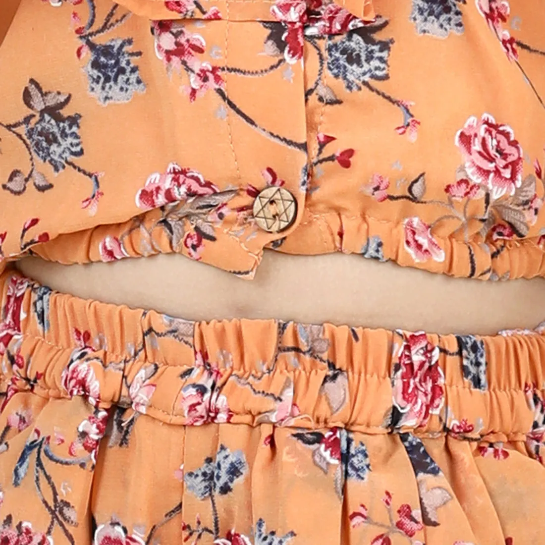 Girls Printed Ruffle Georgette Top With Dhoti Co Orders Clothing Sets- Orange