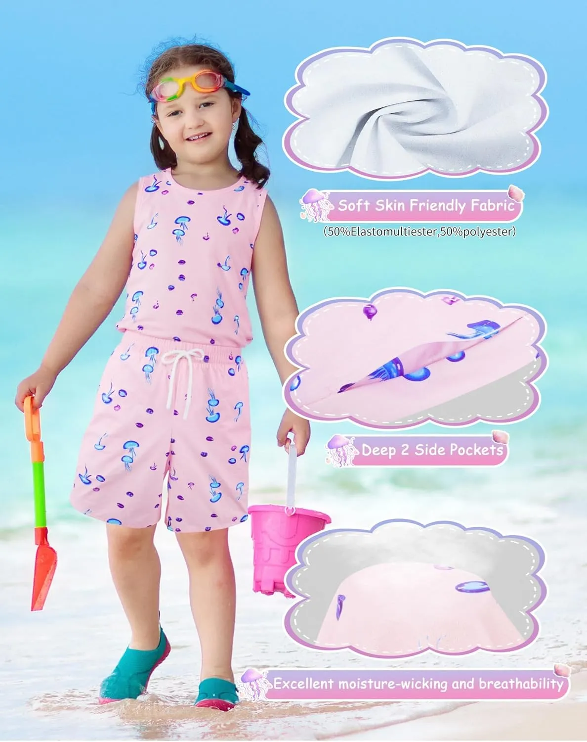 Girls Swim Shorts Beach Swimsuit with Mesh Liner Quick Dry Toddler Baby Girls Swimming Trunks with Pockets 16M-7Years