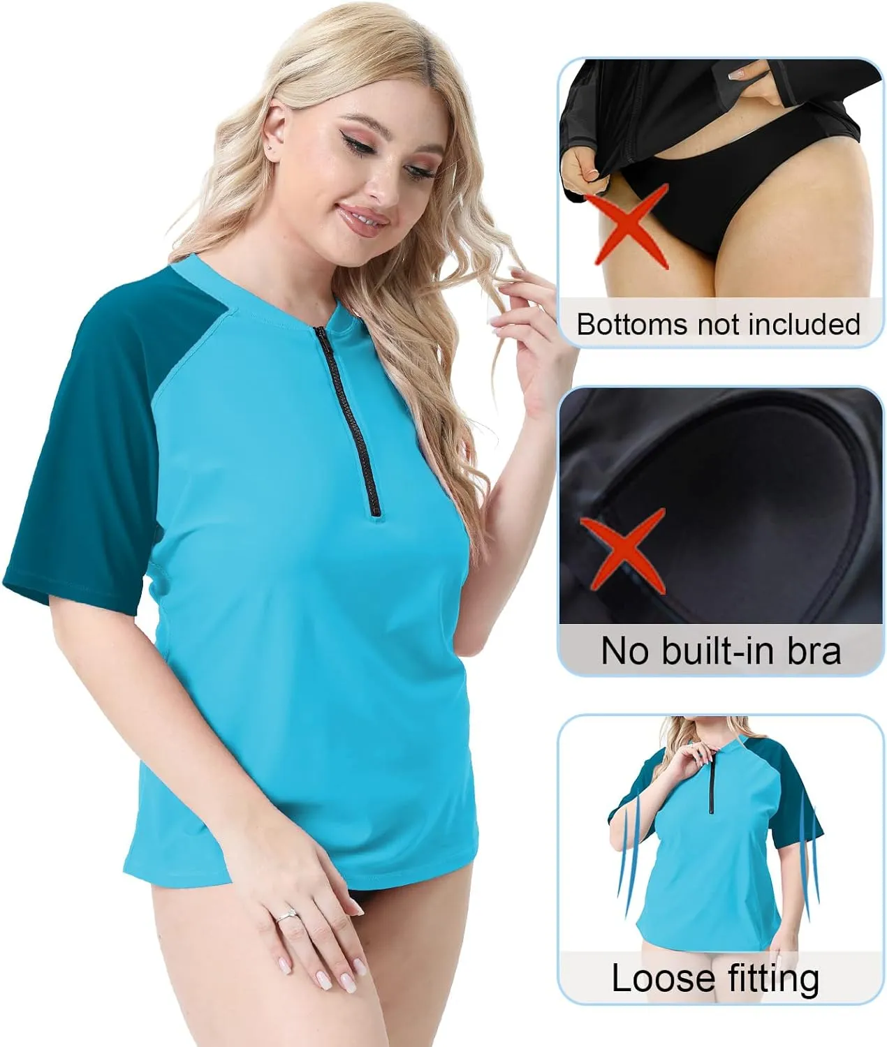 Halcurt Women's Plus Size Half Zip Short Sleeve Rash Guard Swim Top Loose Fit Swim Shirt UPF50  Swimsuit