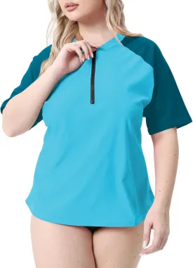Halcurt Women's Plus Size Half Zip Short Sleeve Rash Guard Swim Top Loose Fit Swim Shirt UPF50  Swimsuit