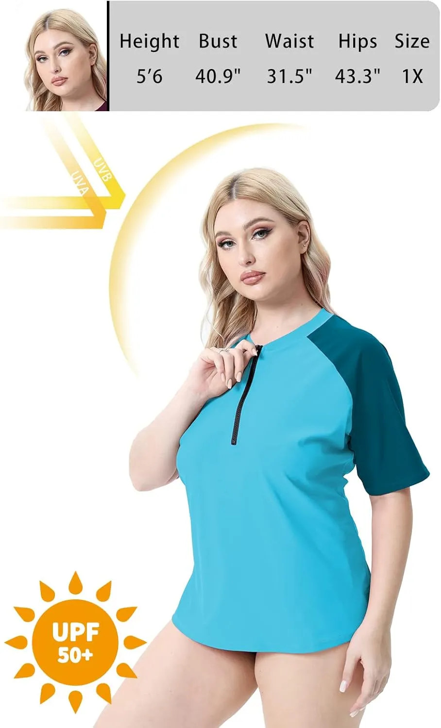 Halcurt Women's Plus Size Half Zip Short Sleeve Rash Guard Swim Top Loose Fit Swim Shirt UPF50  Swimsuit