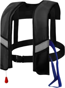 Inflatable Life Jackets for Adults Automatic Inflation 150N Nylon Adjustable Buckle Swim Vest with Reflective Strips & Whistle Extra Tube (One Size, Black)