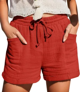 Linen Shorts for Women Summer Casual Loose Shorts Drawstring Elastic Waist Lightweight Bermuda Shorts with Pockets