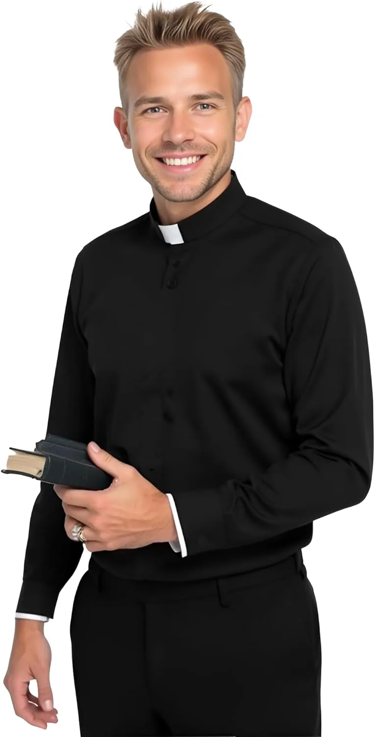 Men's Clergy Tab Collar Polo Shirt Long Sleeve Pastor Minister Preacher Shirt Priest Tops