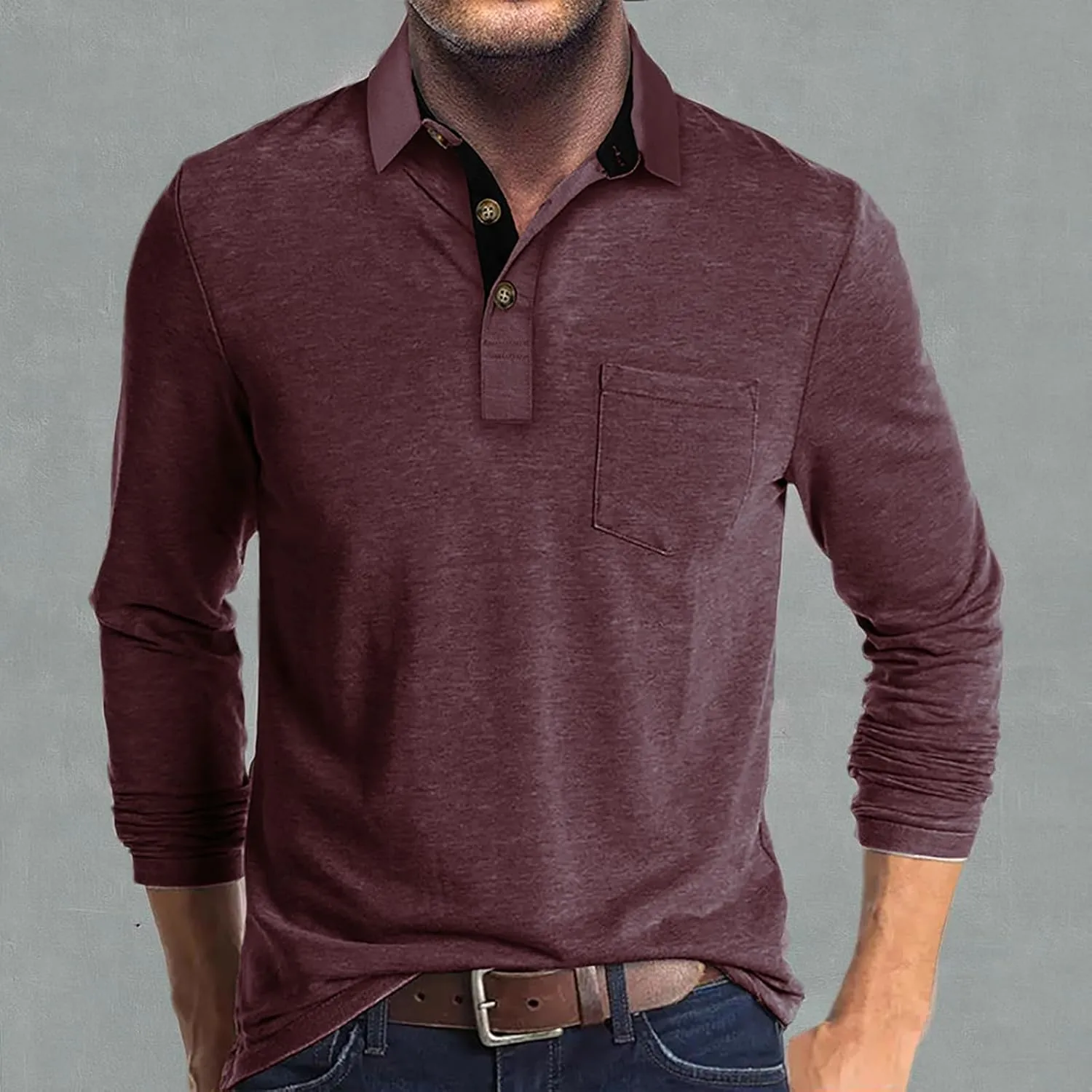 Mens Long Sleeve Polo Shirts Classic Button Down Golf Shirt Fashion Casual Moisture Wicking Shirts with Pocket