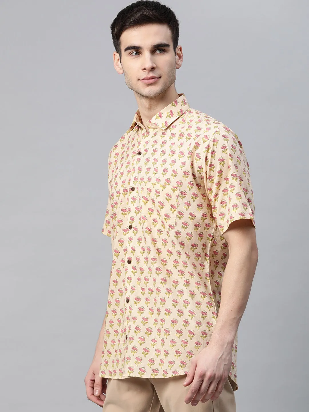 Millennial Men Beige Cotton Half Sleeves Shirt-Mmh056
