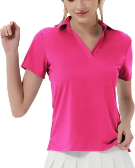 QBK Women's Golf Polo Shirt UPF 50  Dry Fit Collared V-Neck Short Sleeve Tennis Top