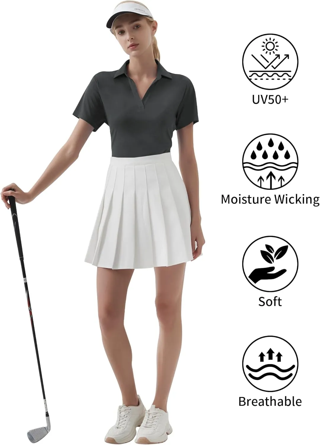 QBK Women's Golf Polo Shirt UPF 50  Dry Fit Collared V-Neck Short Sleeve Tennis Top
