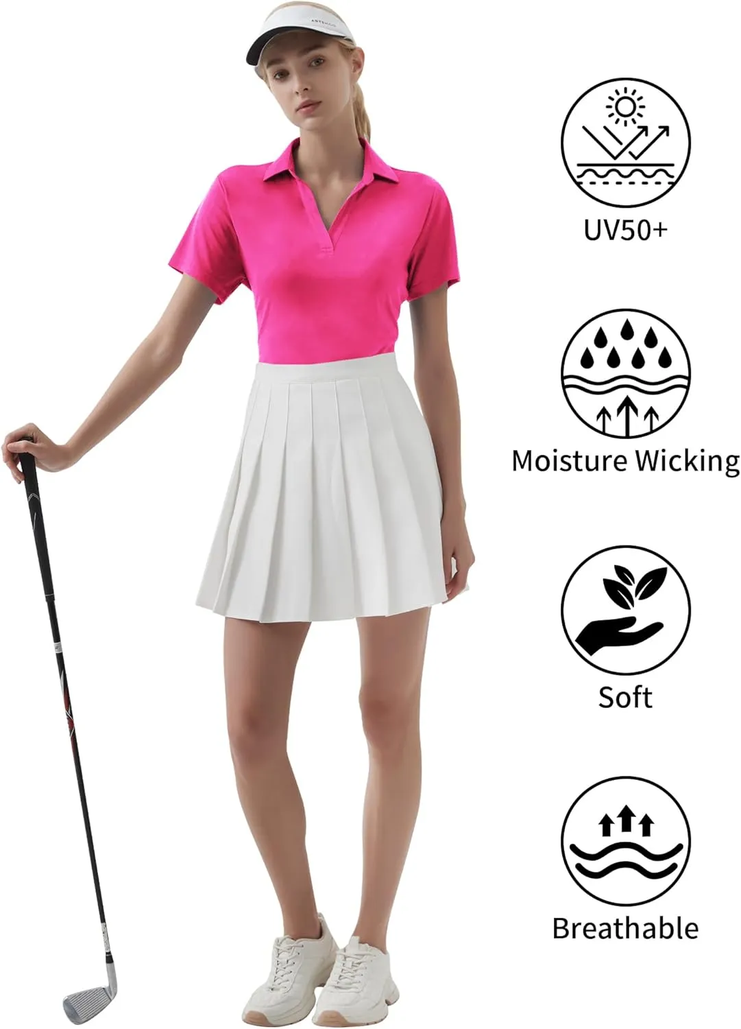 QBK Women's Golf Polo Shirt UPF 50  Dry Fit Collared V-Neck Short Sleeve Tennis Top