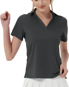 QBK Women's Golf Polo Shirt UPF 50  Dry Fit Collared V-Neck Short Sleeve Tennis Top