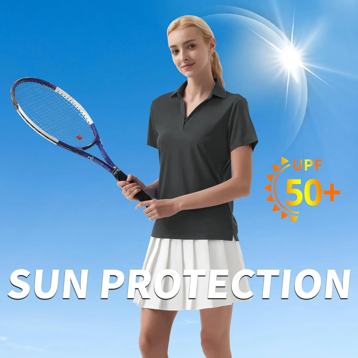 QBK Women's Golf Polo Shirt UPF 50  Dry Fit Collared V-Neck Short Sleeve Tennis Top