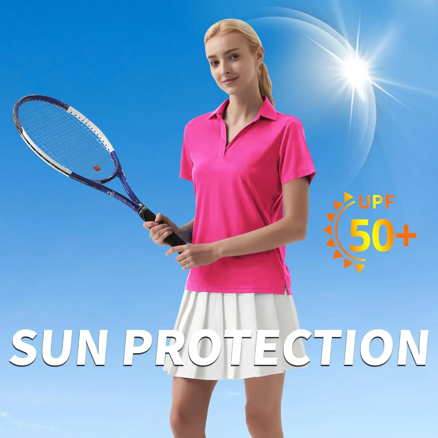 QBK Women's Golf Polo Shirt UPF 50  Dry Fit Collared V-Neck Short Sleeve Tennis Top