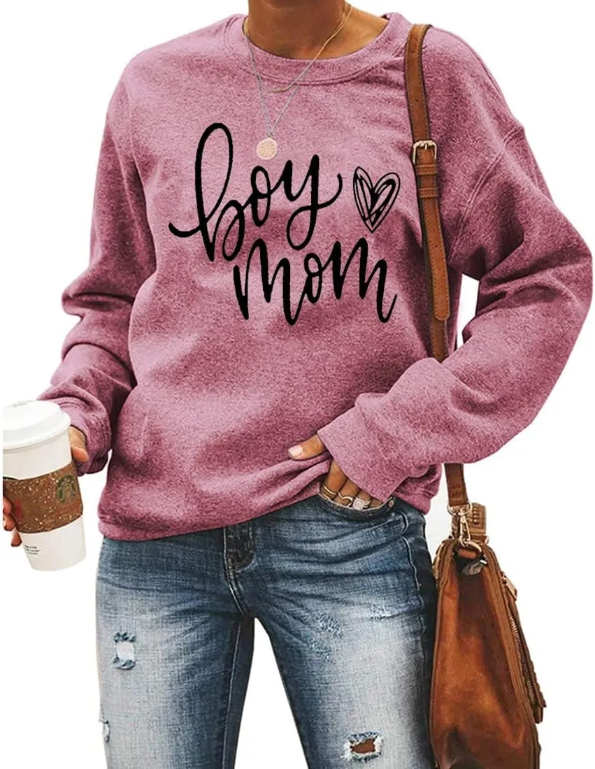 QIANRUO Womens Boy Mom Sweatshirt Lightweight Long Sleeve Crewneck Pullover Sweatshirt Cute Heart Graphic Mama Tees Tops