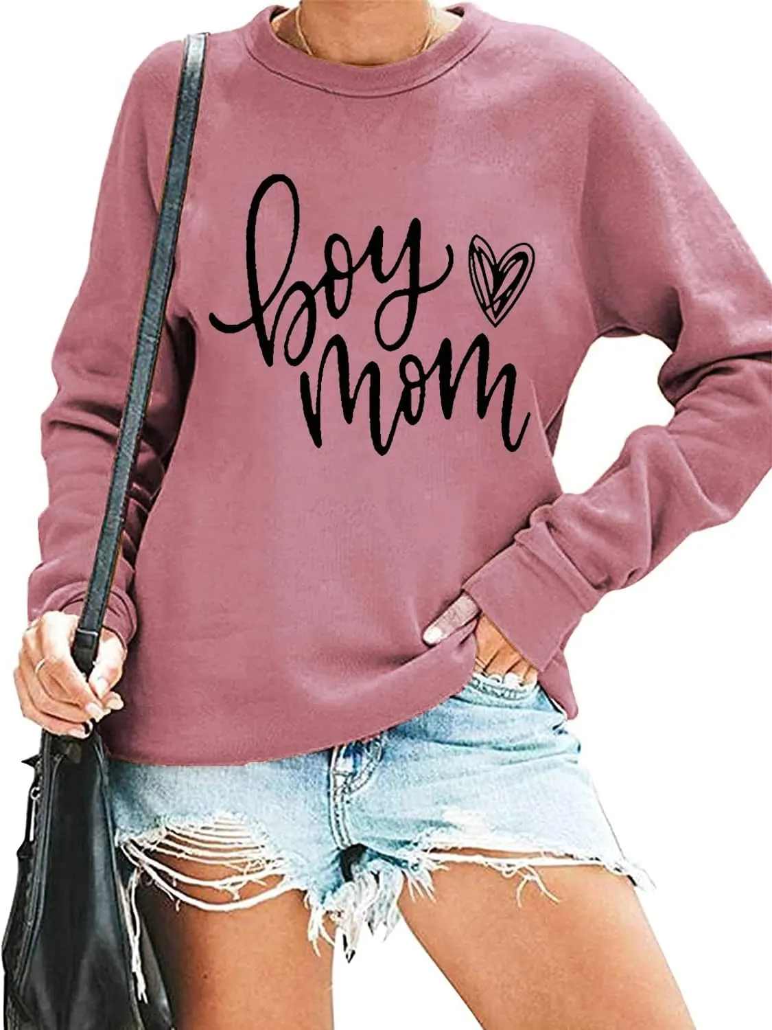 QIANRUO Womens Boy Mom Sweatshirt Lightweight Long Sleeve Crewneck Pullover Sweatshirt Cute Heart Graphic Mama Tees Tops
