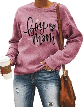 QIANRUO Womens Boy Mom Sweatshirt Lightweight Long Sleeve Crewneck Pullover Sweatshirt Cute Heart Graphic Mama Tees Tops