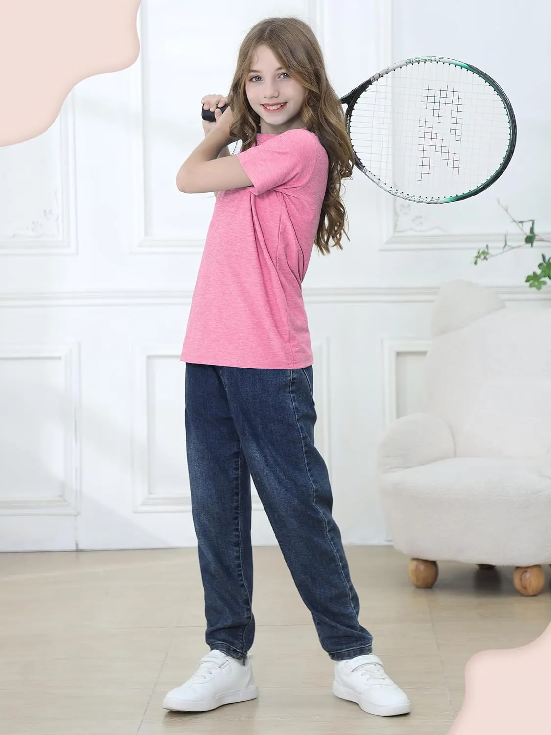 QWE 5 Pack Girls Shirts Athletic Short Sleeve T-Shirts Dry Fit Crew Neck Shirts Tops for Girls Youth Teens 5-18 Years